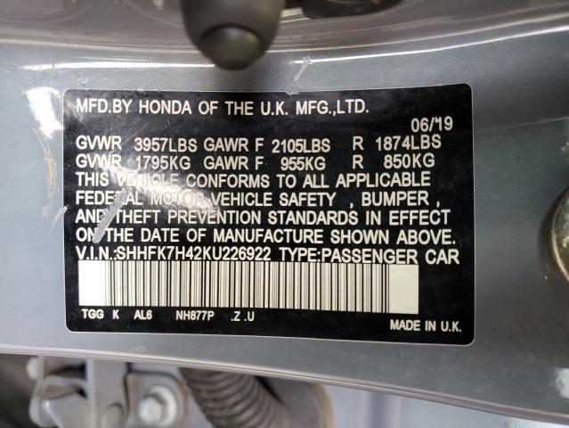 SHHFK7H42KU226922 - 2019 HONDA CIVIC SPORT رمادي صورة 12