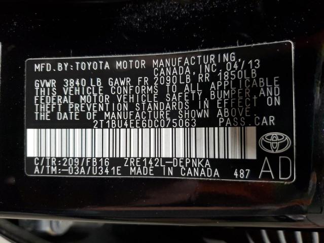 2T1BU4EE6DC075063 - 2013 TOYOTA COROLLA BASE BLACK photo 12