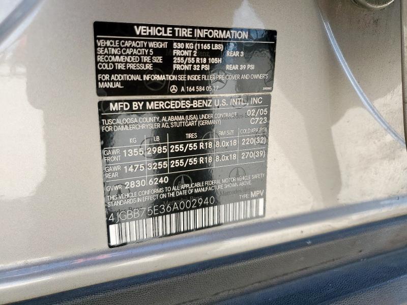 4JGBB75E36A002940 - 2006 MERCEDES-BENZ ML 500 Boz foto 12