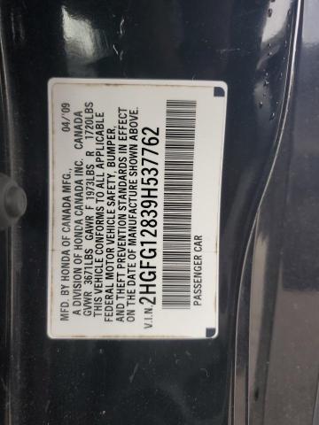 2HGFG12839H537762 - 2009 HONDA CIVIC EX BLACK photo 12