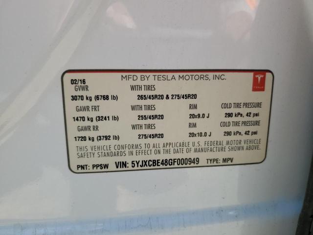 5YJXCBE48GF000949 - 2016 TESLA MODEL X 白色 照片 12