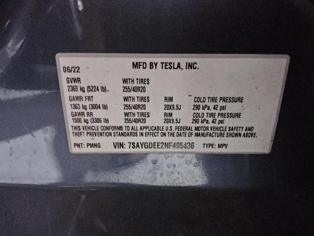 7SAYGDEE2NF495436 - 2022 TESLA MODEL Y Boz foto 14