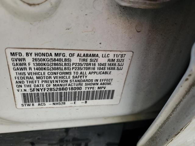 5FNYF28528B018090 - 2008 HONDA PILOT EXL Weiß Foto 13