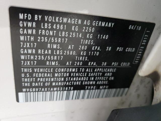 WVGBV7AX1AW531670 - 2010 VOLKSWAGEN TIGUAN SE WHITE photo 14