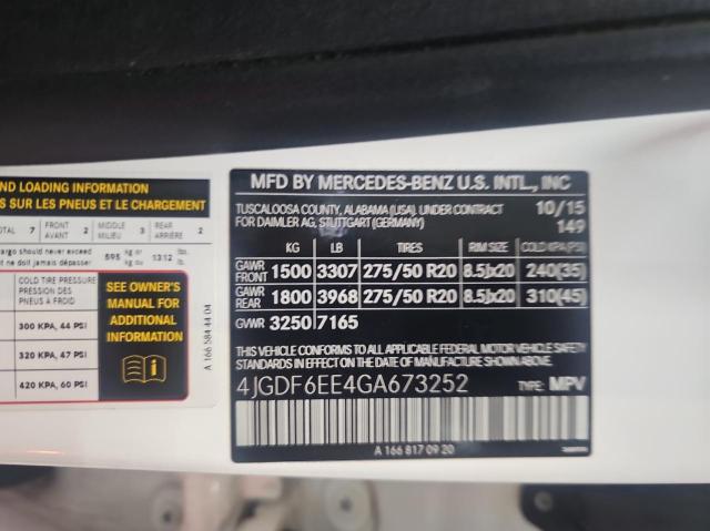 4JGDF6EE4GA673252 - 2016 MERCEDES-BENZ GL 450 4MATIC WHITE photo 10