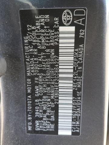 2T1BU4EE2CC864227 - 2012 TOYOTA COROLLA BASE Grau Foto 12