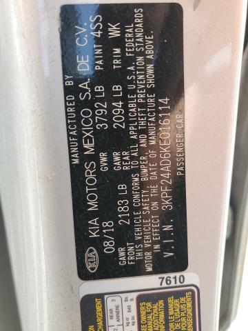 3KPF24AD6KE016114 - 2019 KIA FORTE FE Күміс фото 12