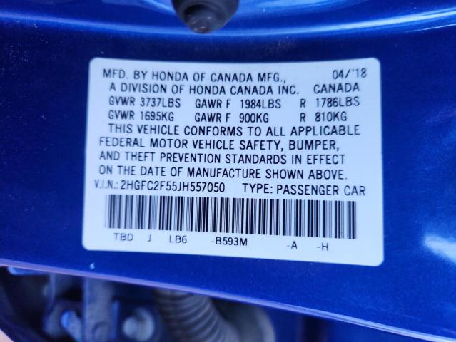 2HGFC2F55JH557050 - 2018 HONDA CIVIC LX Mavi fotoğraf 12