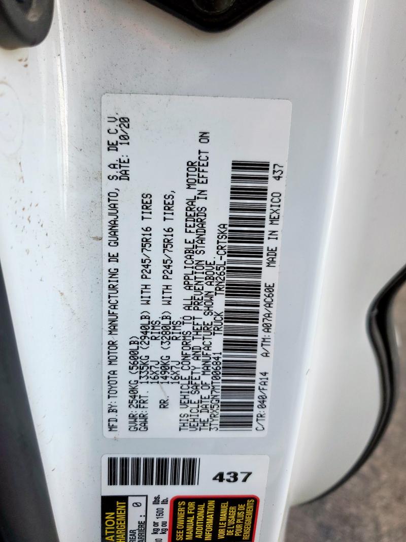 3TYRX5GN7MT006841 - 2021 TOYOTA TACOMA ACCESS CAB Beyaz fotoğraf 12