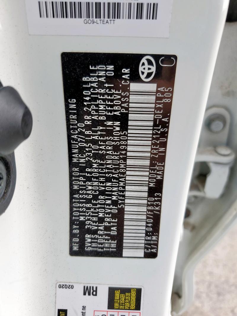 5YFEPMAE8MP149805 - 2021 TOYOTA COROLLA LE WHITE photo 12