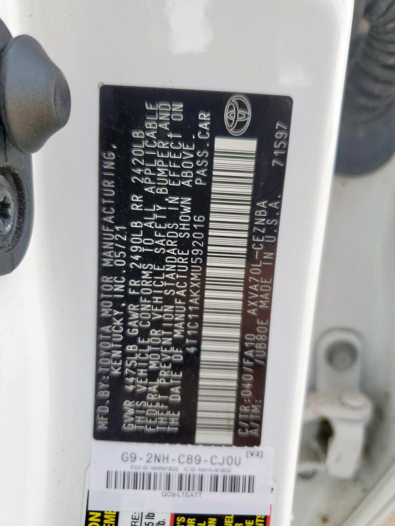 4T1C11AKXMU592016 - 2021 TOYOTA CAMRY LE 白色 照片 12