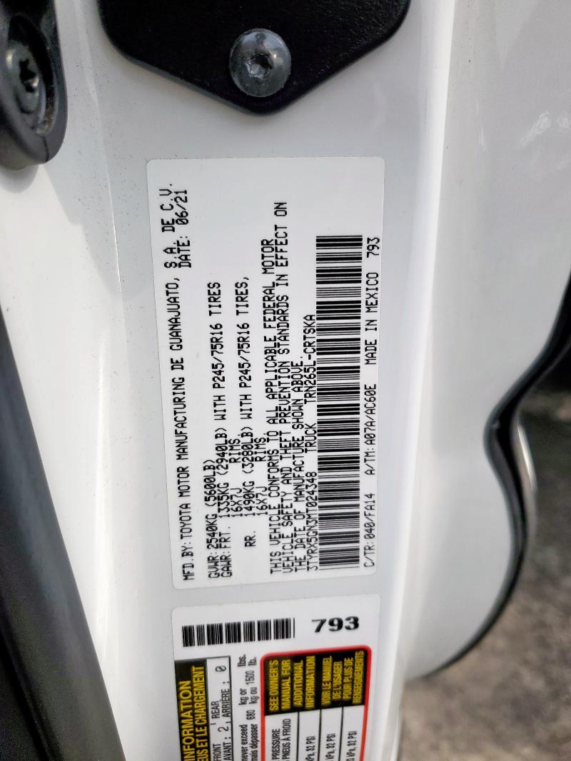 3TYRX5GN3MT024348 - 2021 TOYOTA TACOMA ACCESS CAB Ақ фото 12