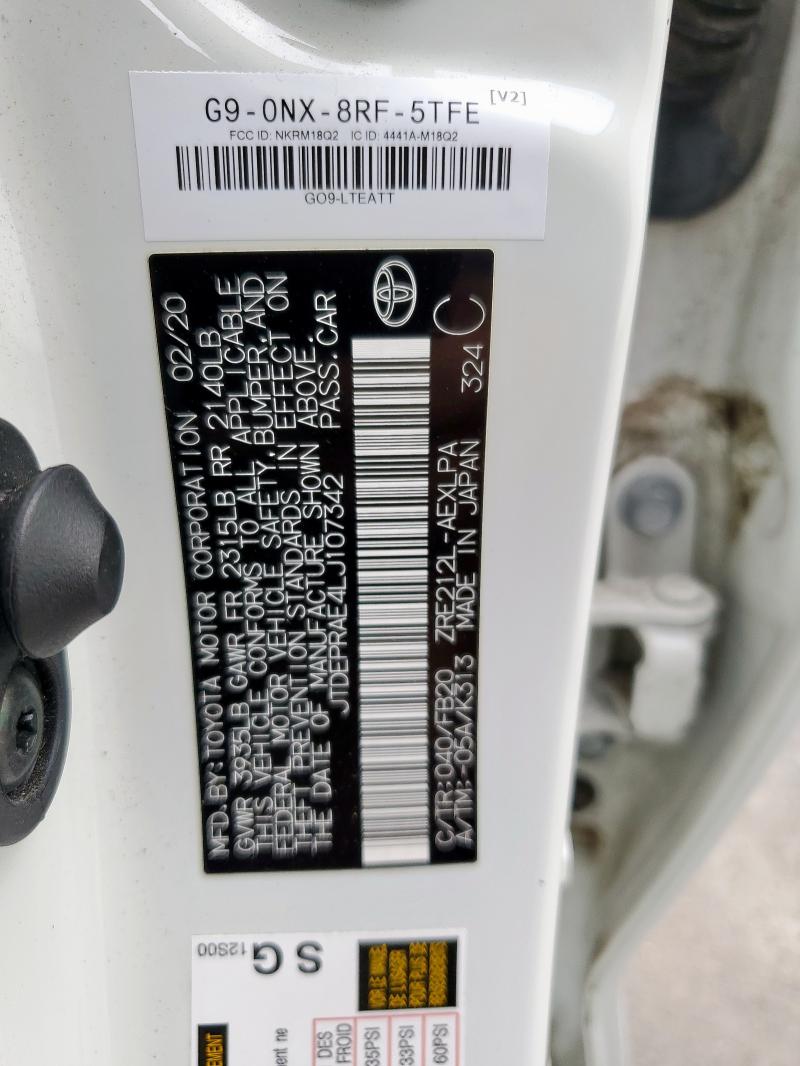 JTDEPRAE4LJ107342 - 2020 TOYOTA COROLLA LE თეთრი ფოტო 12