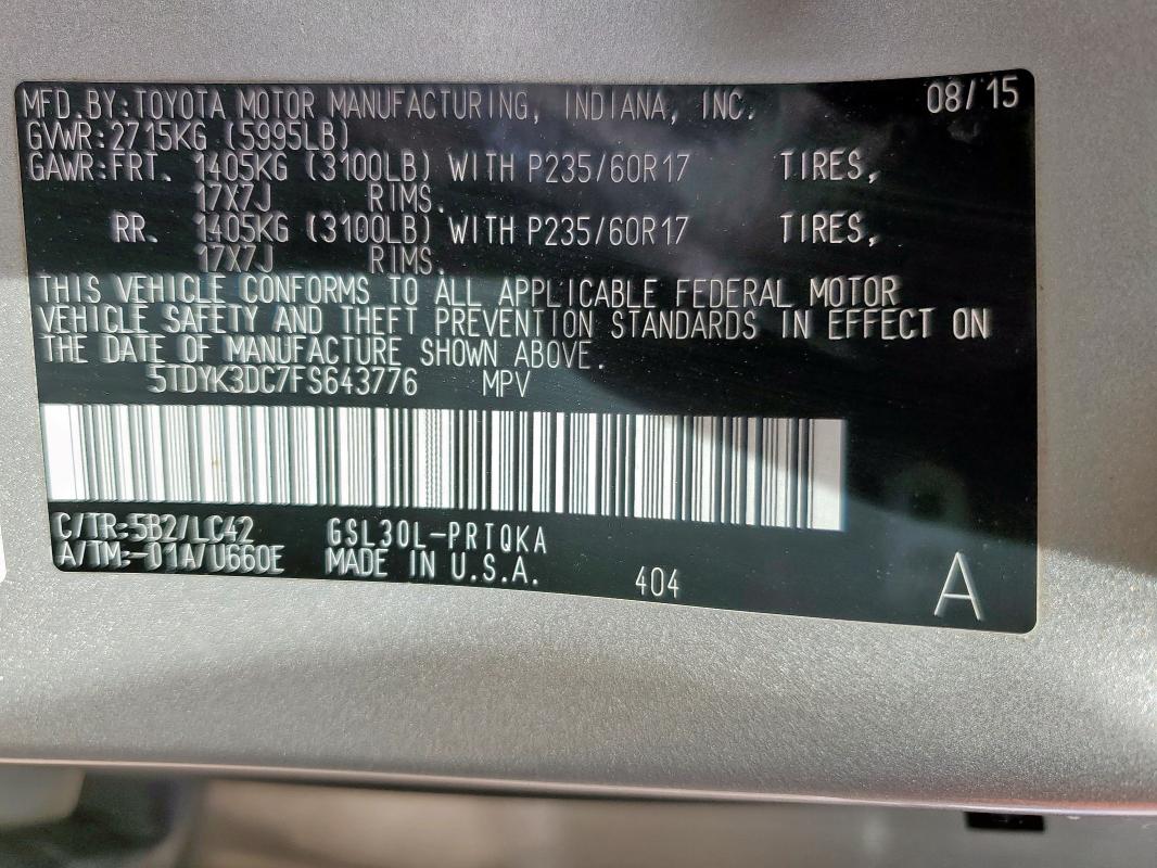 5TDYK3DC7FS643776 - 2015 TOYOTA SIENNA XLE 金色 照片 14