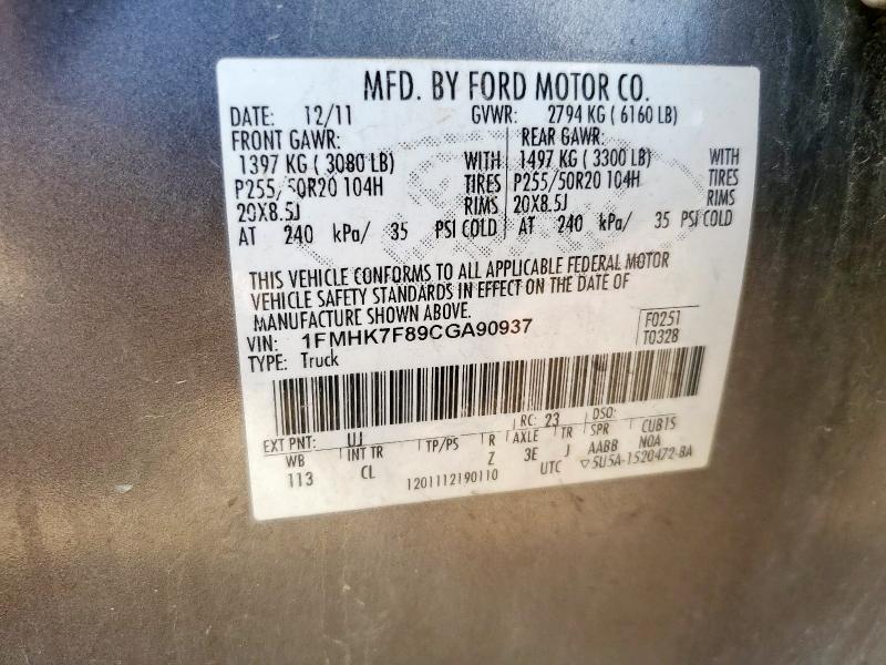 1FMHK7F89CGA90937 - 2012 FORD EXPLORER LIMITED Gris photo 13