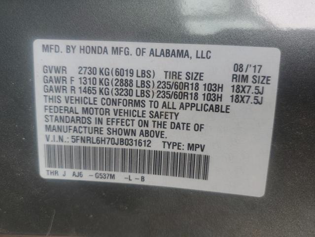 5FNRL6H70JB031612 - 2018 HONDA ODYSSEY EXL GRAY photo 13