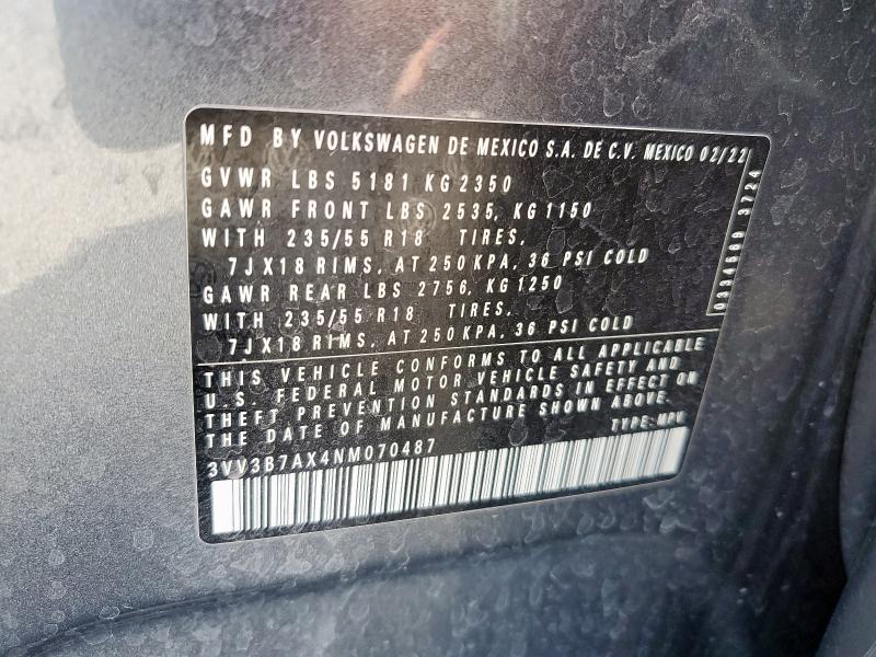 3VV3B7AX4NM070487 - 2022 VOLKSWAGEN TIGUAN SE Gri fotoğraf 13