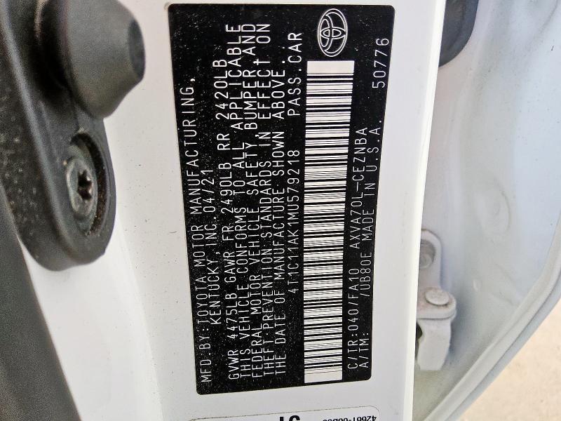 4T1C11AK1MU579218 - 2021 TOYOTA CAMRY LE Ağ foto 12