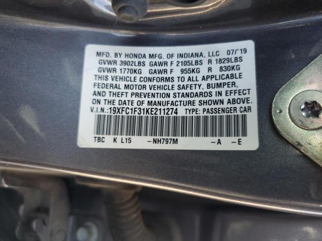 19XFC1F31KE211274 - 2019 HONDA CIVIC EX GRAY photo 12