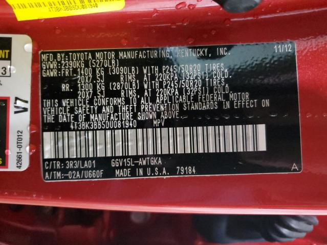 4T3BK3BB5DU081940 - 2013 TOYOTA VENZA LE RED photo 13