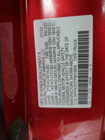 5FPYK3F57PB019858 - 2023 HONDA RIDGELINE RTL Қызыл фото 12