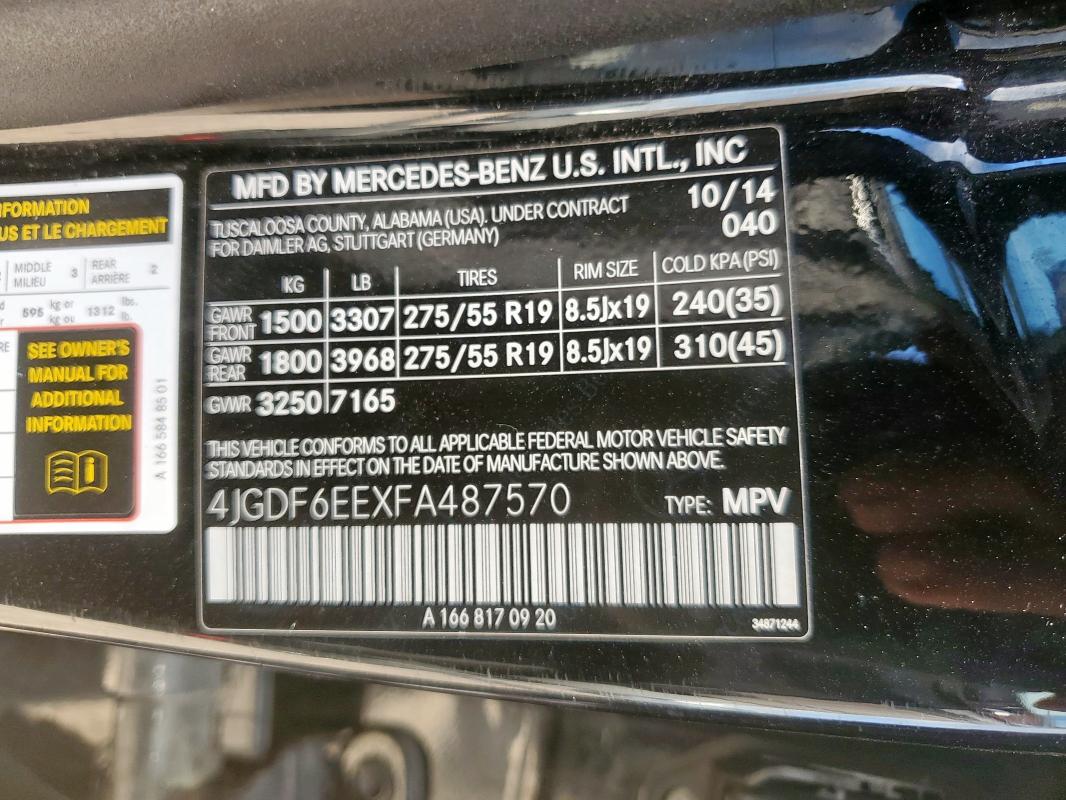 4JGDF6EEXFA487570 - 2015 MERCEDES-BENZ GL 450 4MATIC BLACK photo 14