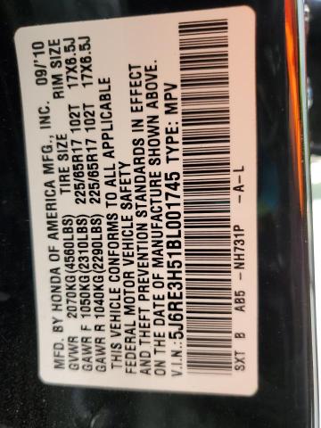 5J6RE3H51BL001745 - 2011 HONDA CR-V EX BLACK photo 13