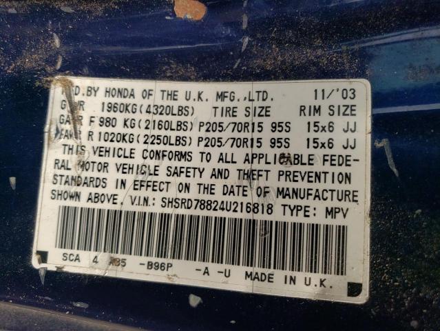 SHSRD78824U216818 - 2004 HONDA CR-V EX BLUE photo 13