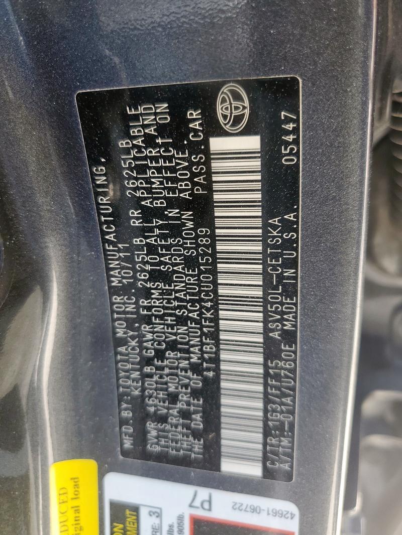 4T1BF1FK4CU015289 - 2012 TOYOTA CAMRY BASE GRAY photo 12