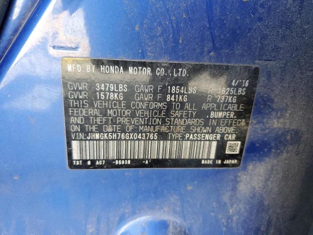 JHMGK5H76GX043765 - 2016 HONDA FIT EX Mavi foto 12