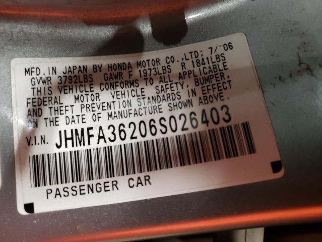 JHMFA36206S026403 - 2006 HONDA CIVIC HYBRID Gümüş foto 12