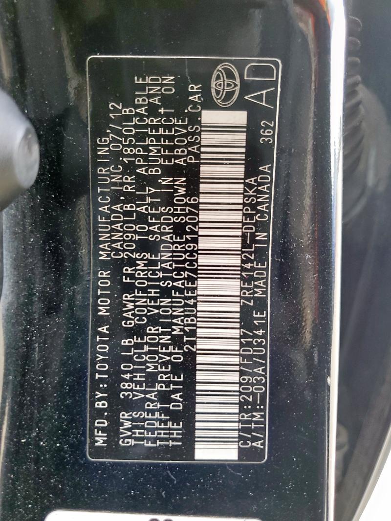 2T1BU4EE7CC912076 - 2012 TOYOTA COROLLA BASE Schwarz Foto 12