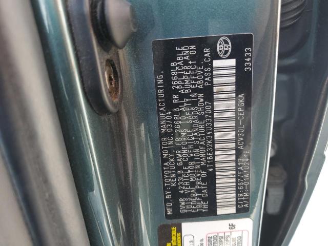 4T1BE32K34U337007 - 2004 TOYOTA CAMRY LE GREEN photo 12