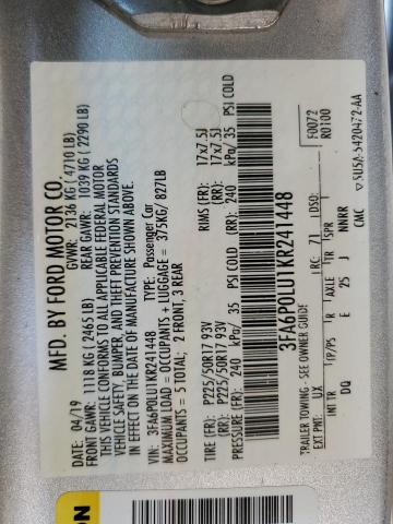 3FA6P0LU1KR241448 - 2019 FORD FUSION SE ვერცხლისფერი ფოტო 12