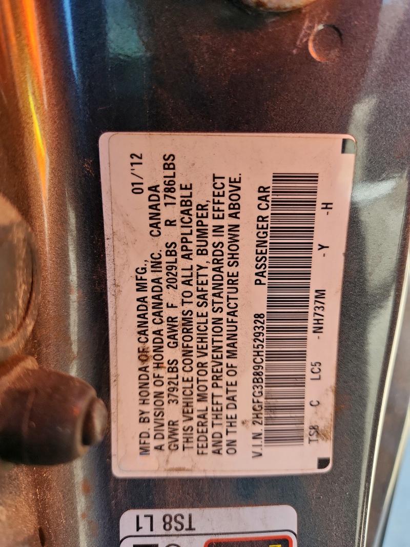 2HGFG3B89CH529328 - 2012 HONDA CIVIC EX GRAY photo 12