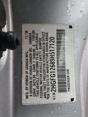 2HGFG12689H517120 - 2009 HONDA CIVIC LX GRAY photo 12