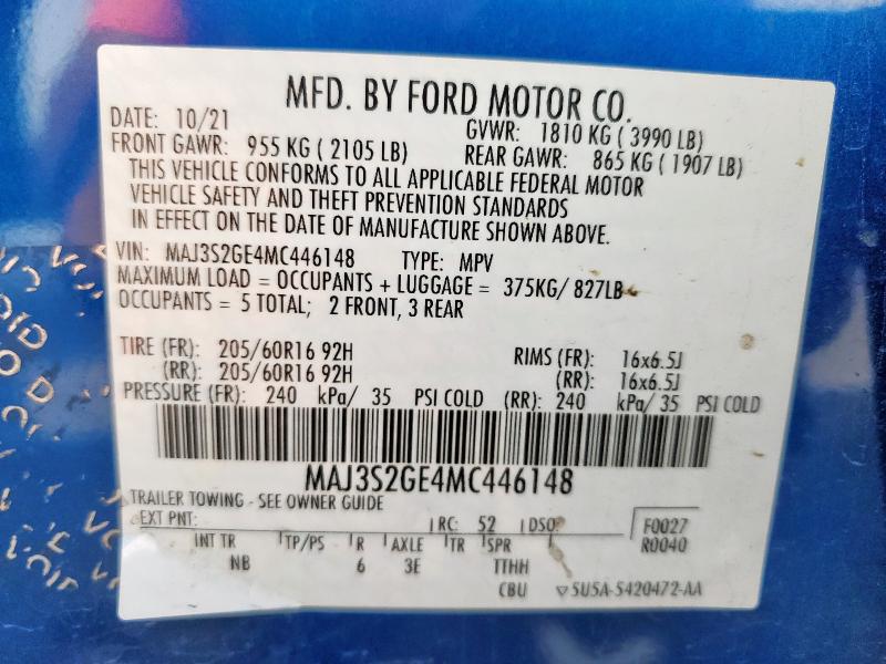 MAJ3S2GE4MC446148 - 2021 FORD ECOSPORT SE أزرق صورة 12