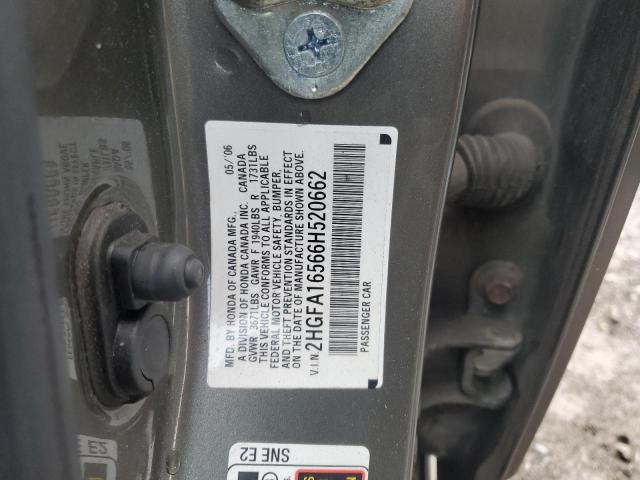 2HGFA16566H520662 - 2006 HONDA CIVIC LX SILVER photo 12