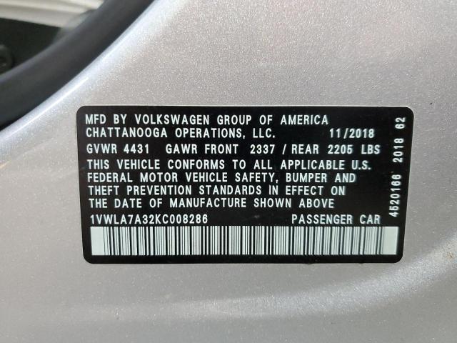 1VWLA7A32KC008286 - 2019 VOLKSWAGEN PASSAT WOLFSBURG Серебристый фото 13