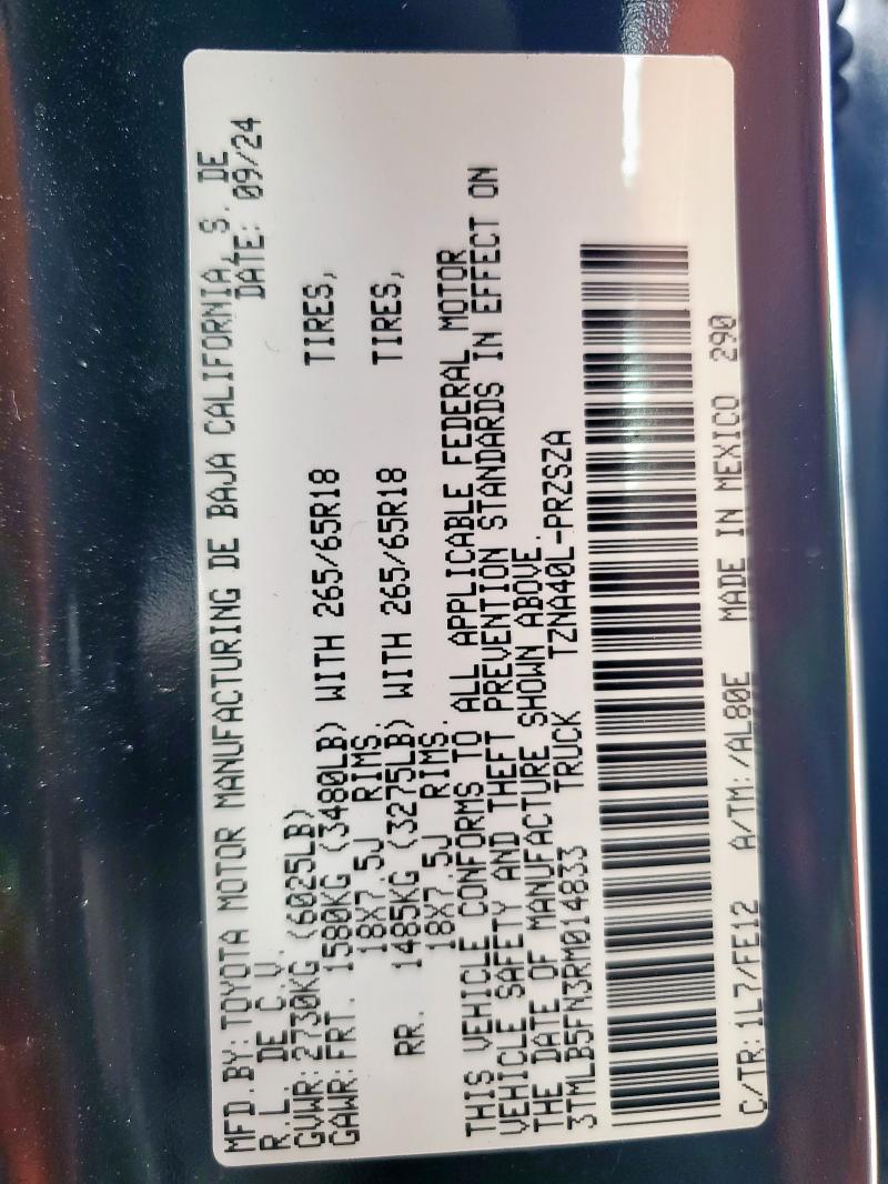 3TMLB5FN3RM014833 - 2024 TOYOTA TACOMA DOUBLE CAB Grafito foto 14