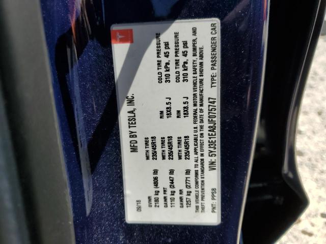 5YJ3E1EA8JF075747 - 2018 TESLA MODEL 3 ლურჯი ფოტო 13