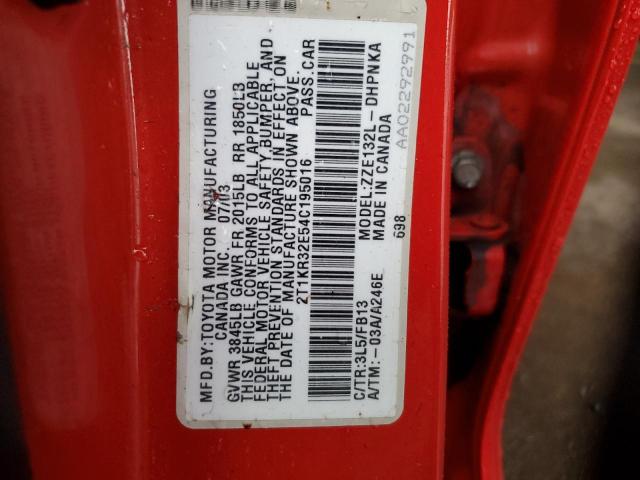 2T1KR32E54C195016 - 2004 TOYOTA COROLLA MA XR RED photo 12