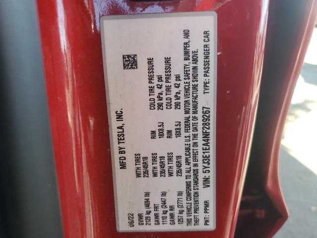 5YJ3E1EA4NF289267 - 2022 TESLA MODEL 3 Rouge photo 12