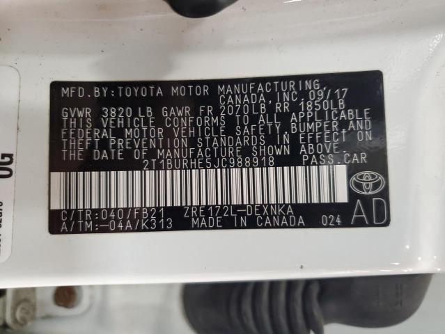 2T1BURHE5JC988918 - 2018 TOYOTA COROLLA L Білий фото 12