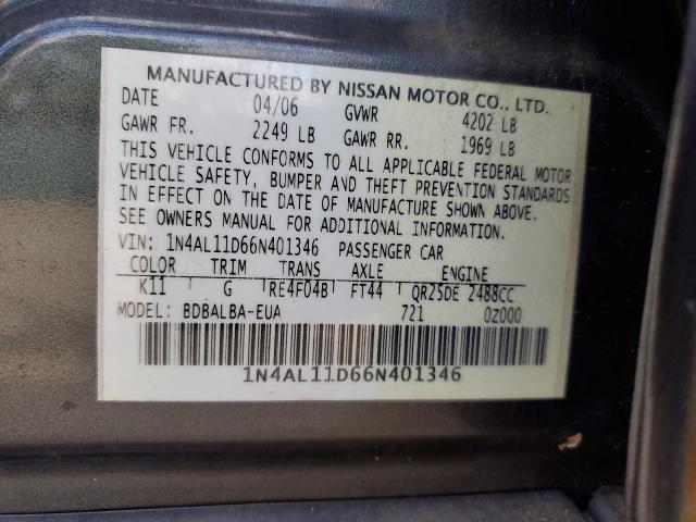 1N4AL11D66N401346 - 2006 NISSAN ALTIMA S ნაცრისფერი ფოტო 12