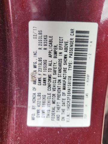 1HGCR2F56HA158108 - 2017 HONDA ACCORD SPORT Bordo fotoğraf 13