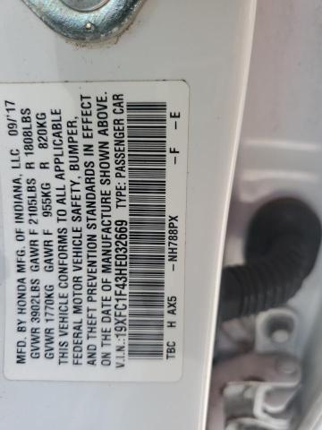 19XFC1F43HE032669 - 2017 HONDA CIVIC EX თეთრი ფოტო 12