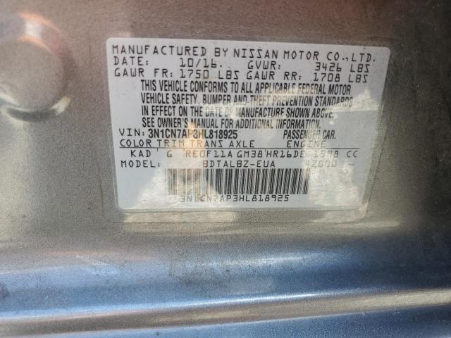 3N1CN7AP3HL818925 - 2017 NISSAN VERSA S 灰色 照片 12