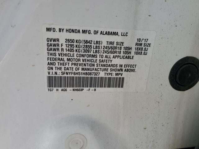 5FNYF6H51HB087327 - 2017 HONDA PILOT EXL WHITE photo 13