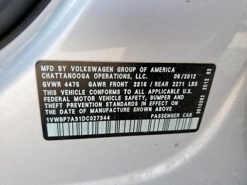 1VWBP7A31DC027344 - 2013 VOLKSWAGEN PASSAT SE Plata foto 12